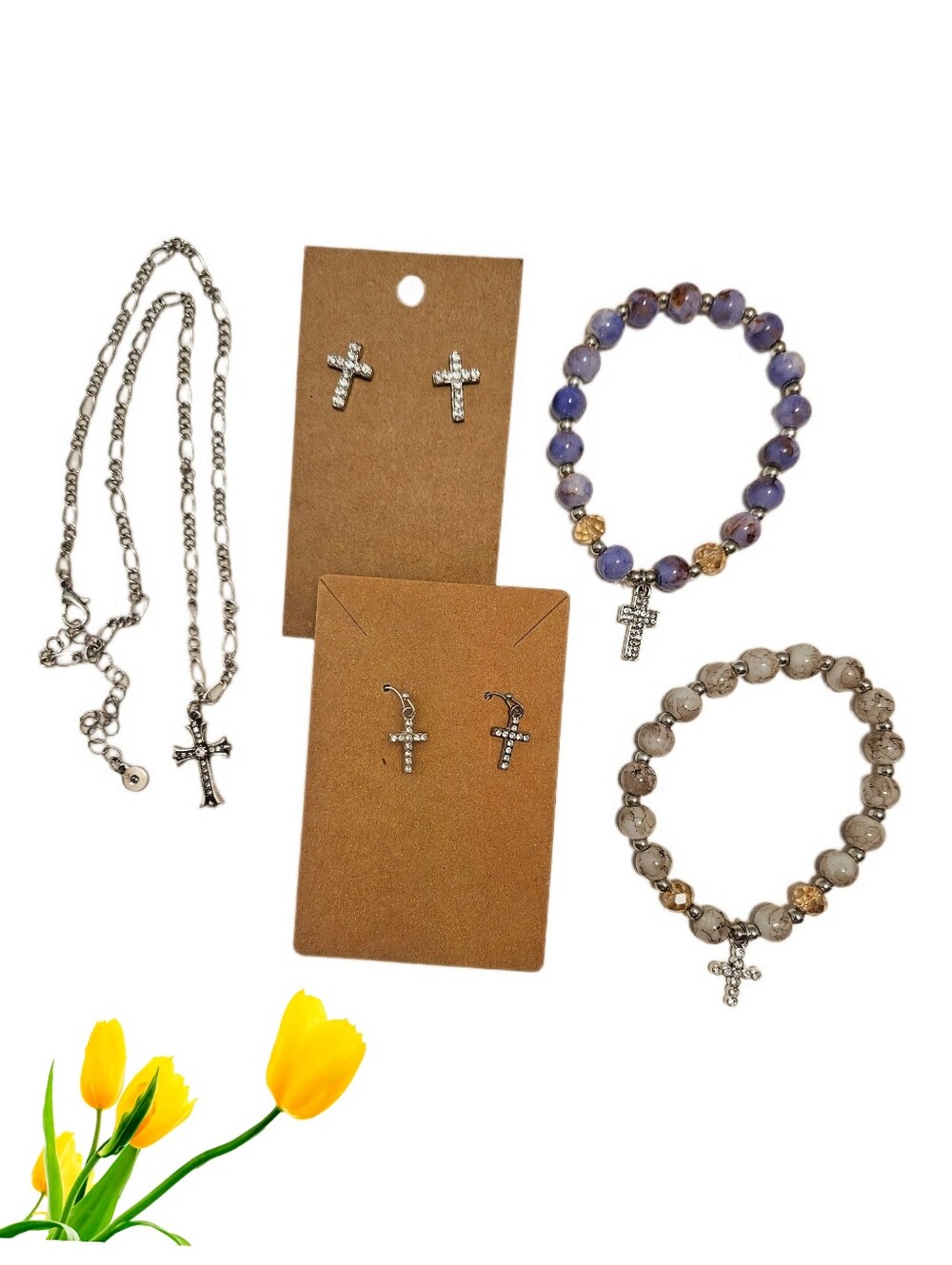 Silver Tone And Glass Bead Cross Jewelry Bundle